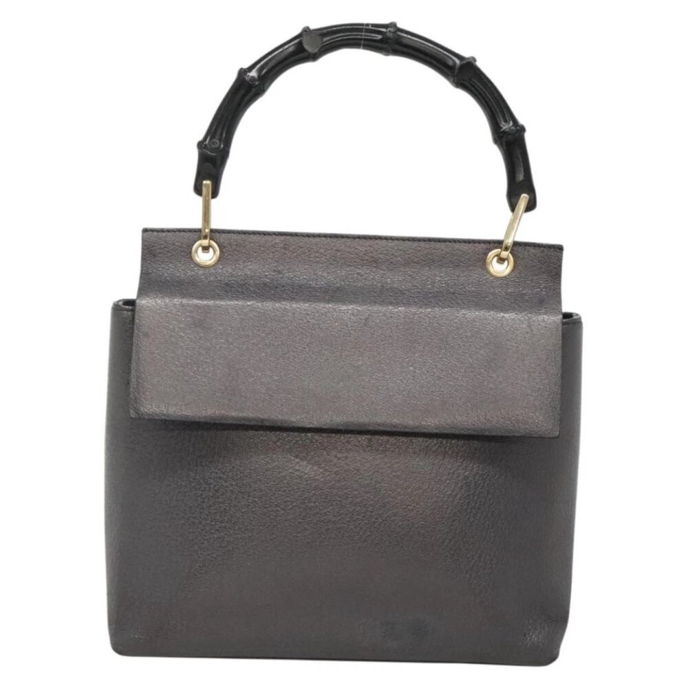 GUCCI Bamboo Hand Bag Leather Gold Charcoal gray Auth - Picture 2 of 16